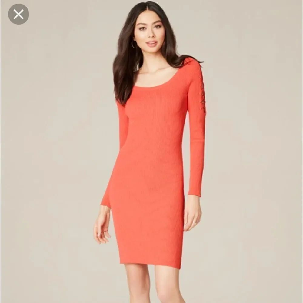 Bebe Ribbed Coral In Color Midi Dress Feminine Party Event Club Brand New